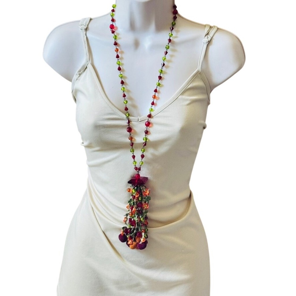 VTG BOHO Chandelier Groovy Necklace Colorful Art Glass Beads Statement 90s Y2k